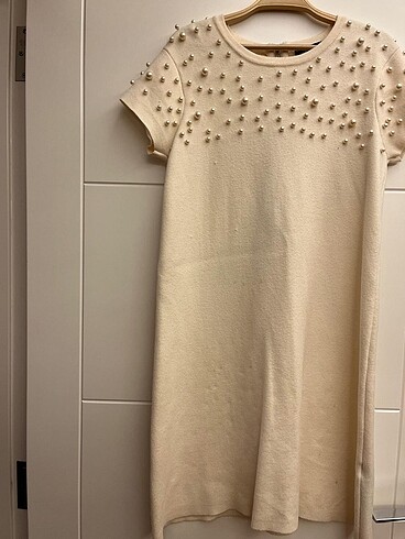 Zara Ekru Triko İncili Elbise L