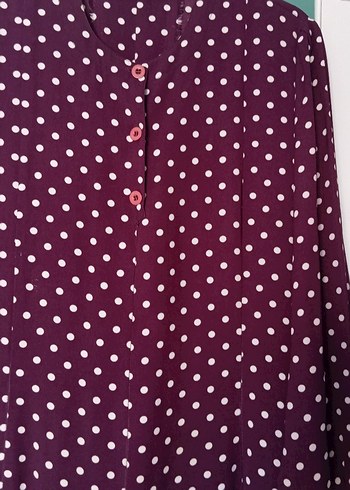 Düğmeli Bordo Puantiyeli Uzun Elbise - Görsel 4