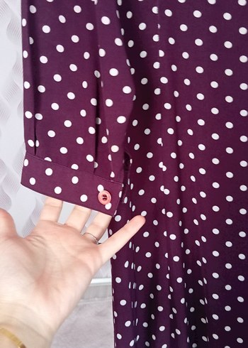 Düğmeli Bordo Puantiyeli Uzun Elbise - Görsel 5