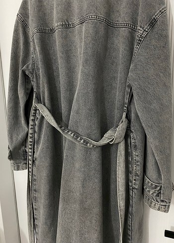 Gri Denim Uzun Kadın Trençkot - Görsel 4
