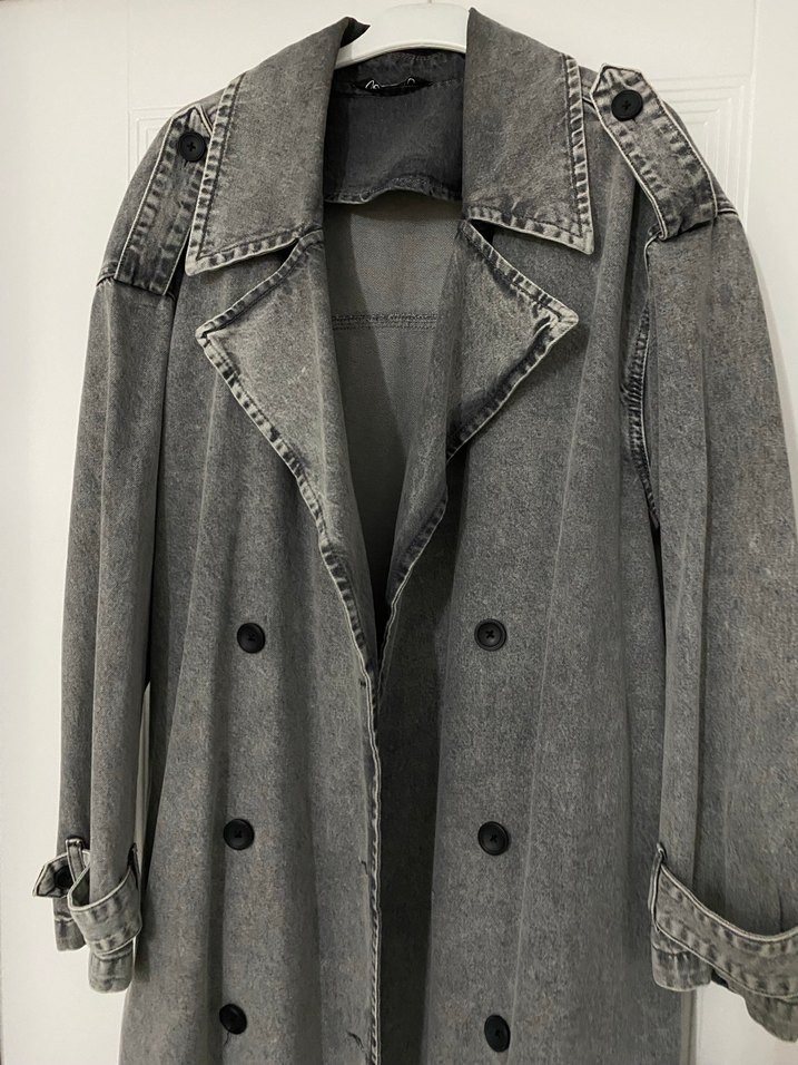 Gri Denim Uzun Kadın Trençkot - Görsel 2