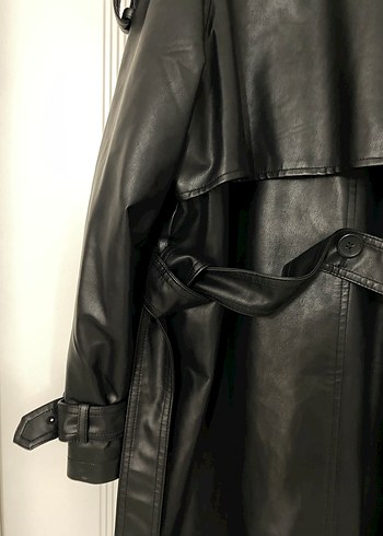 Siyah Deri Kadın Trençkot, Kuşaklı, Uzun - Görsel 4