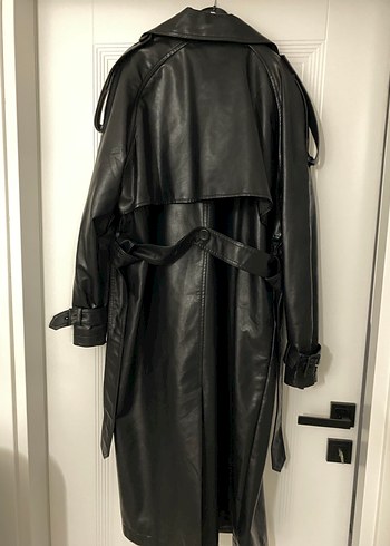 Siyah Deri Kadın Trençkot, Kuşaklı, Uzun - Görsel 3