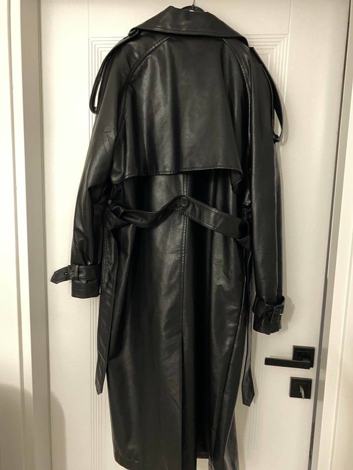 Siyah Deri Kadın Trençkot, Kuşaklı, Uzun - Görsel 3