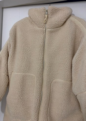 Bej Yüksek Yakalı Kadın Peluş Ceket - Görsel 2