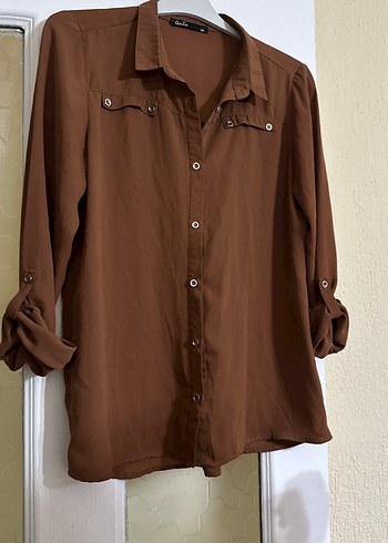 Düğmeli, Uzun Kollu Vizon Kadın Gömlek - Görsel 2