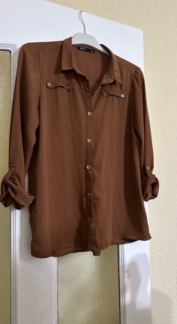 Düğmeli, Uzun Kollu Vizon Kadın Gömlek - Görsel 2