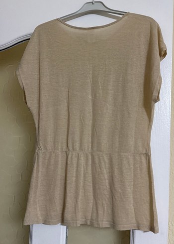 Bej Keten Kadın Kısa Kollu Tişört - Görsel 2