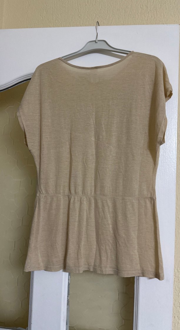Bej Keten Kadın Kısa Kollu Tişört - Görsel 2