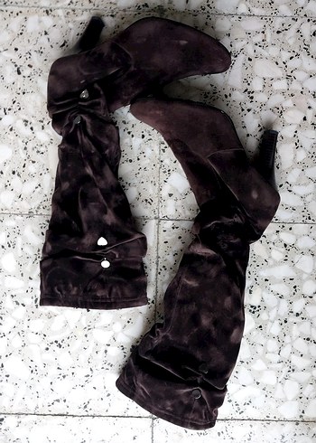 Kahverengi Hakiki  Süet Deri Modern bülbülü   Diz Boyu Çizme - Görsel 3