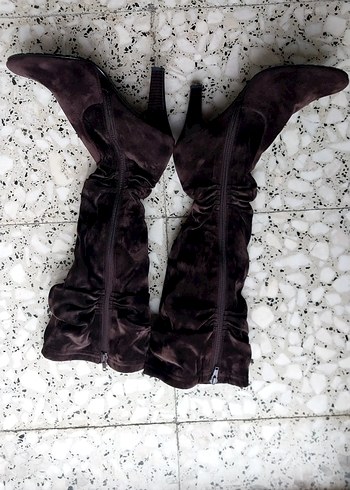 Kahverengi Hakiki  Süet Deri Modern bülbülü   Diz Boyu Çizme - Görsel 2