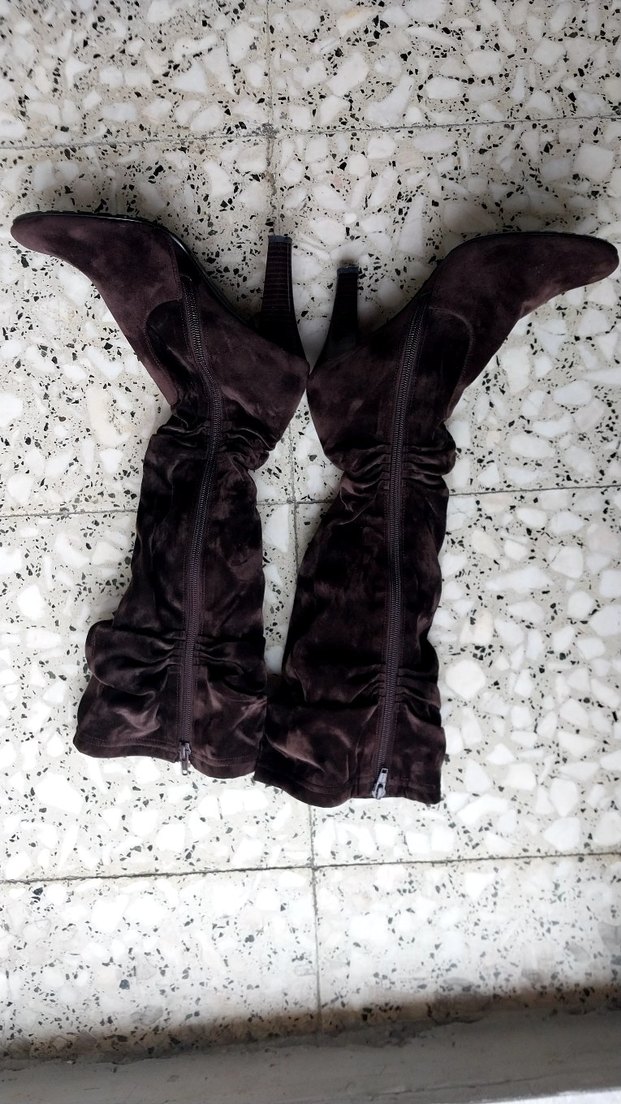 Kahverengi Hakiki  Süet Deri Modern bülbülü   Diz Boyu Çizme - Görsel 2