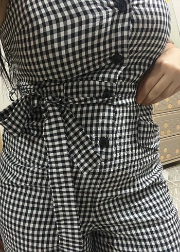 Gri Kareli Bel Detaylı Straplez Tulum - Görsel 5