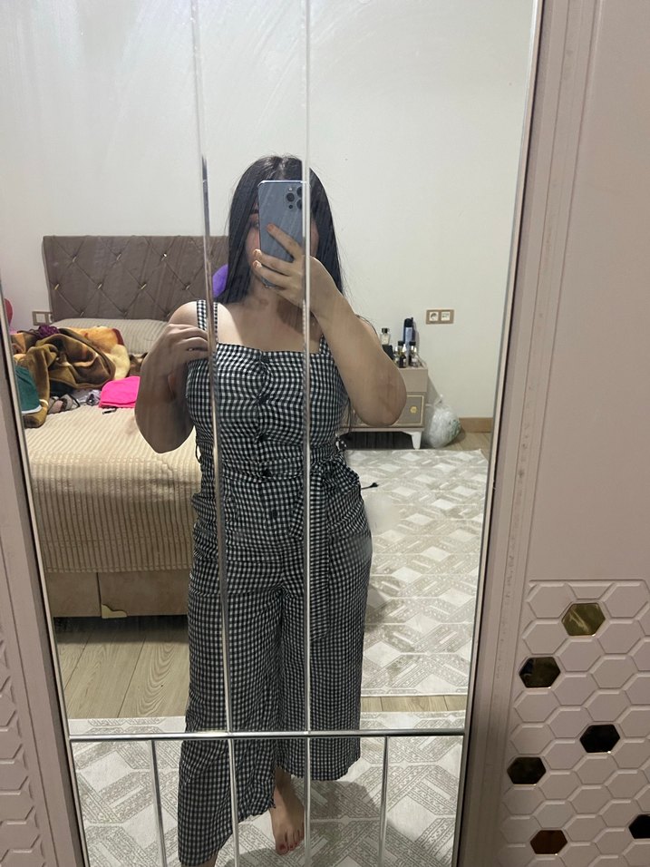 Gri Kareli Bel Detaylı Straplez Tulum - Görsel 2