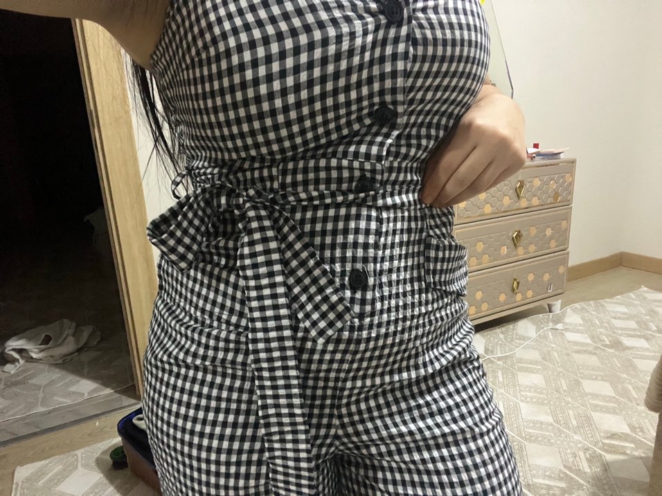 Gri Kareli Bel Detaylı Straplez Tulum - Görsel 5