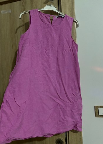 Pembe Kolsuz Midi Keten Elbise - Görsel 3