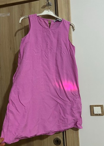 Pembe Kolsuz Midi Keten Elbise - Görsel 2