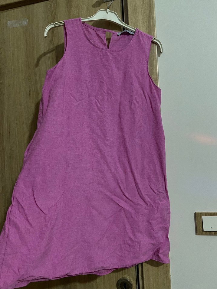 Pembe Kolsuz Midi Keten Elbise - Görsel 3