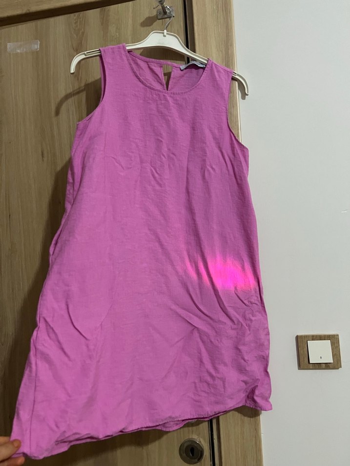 Pembe Kolsuz Midi Keten Elbise - Görsel 2