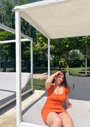 Kısa Kollu, Dökümlü Midi yazlık turuncu  Elbise - Görsel 5