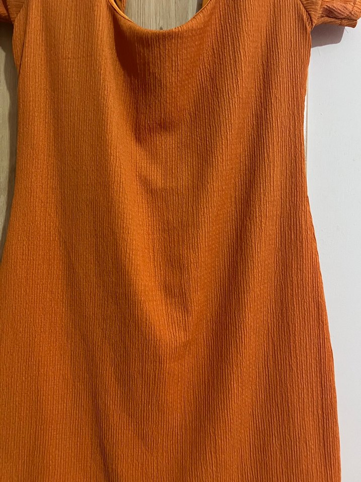 Kısa Kollu, Dökümlü Midi yazlık turuncu  Elbise - Görsel 4