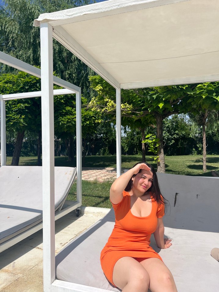 Kısa Kollu, Dökümlü Midi yazlık turuncu  Elbise - Görsel 5