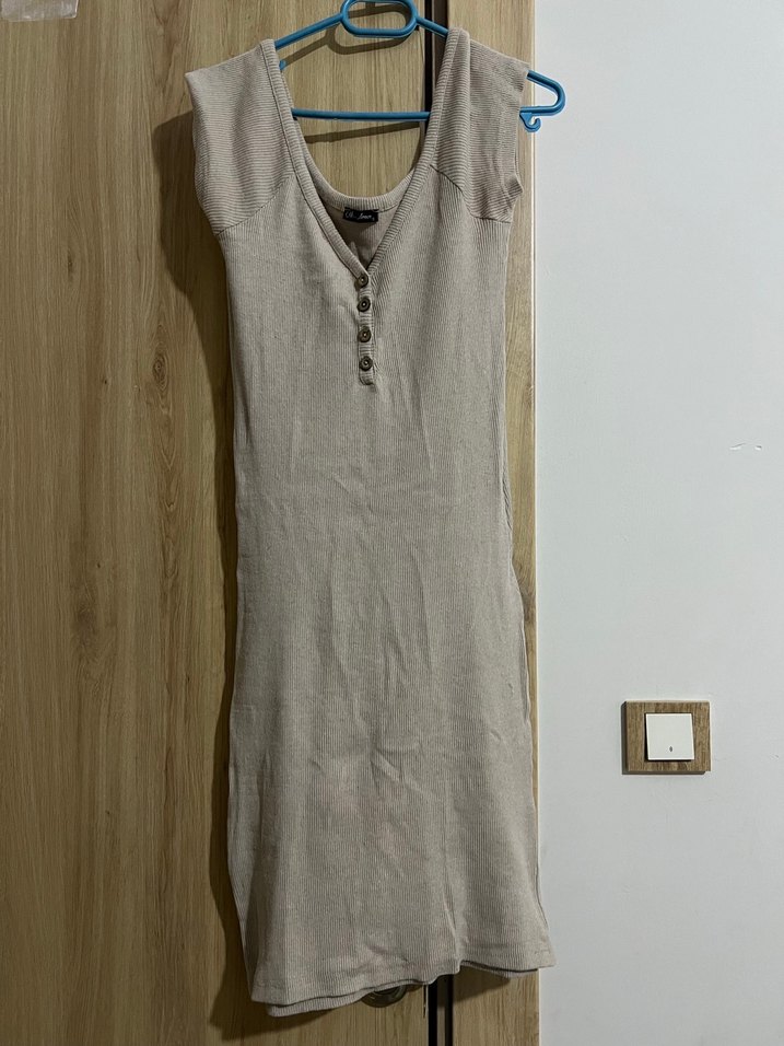 Bej V Yaka Midi Pamuklu Elbise - Görsel 3