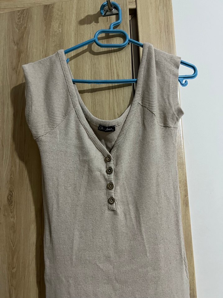 Bej V Yaka Midi Pamuklu Elbise - Görsel 2