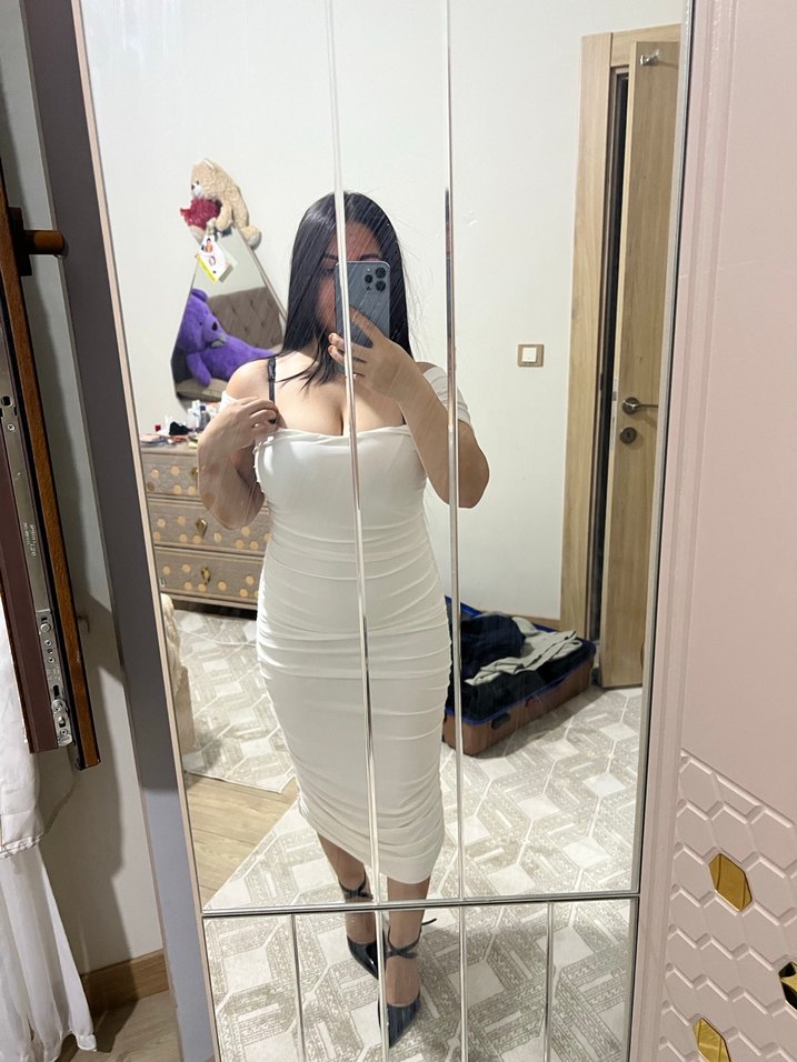 Beyaz Straplez Şeffaf İnce Askılı Kalem Elbise - Görsel 4