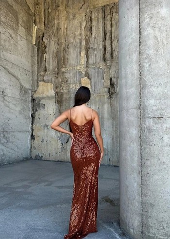 Parlak Kahverengi Yılan Desenli Uzun Abiye - Görsel 4