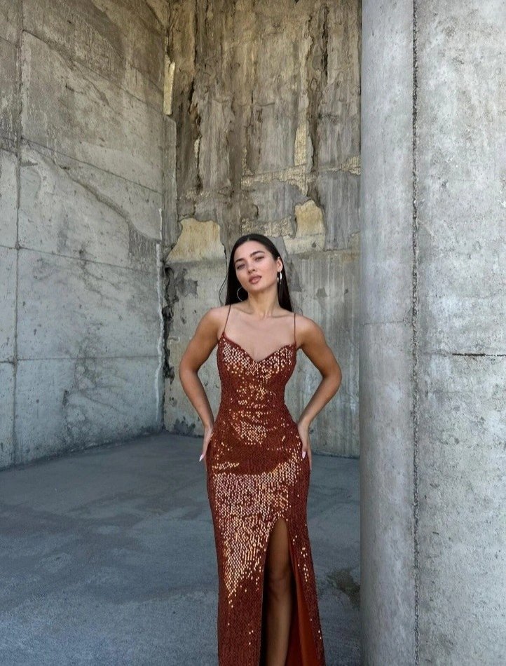 Parlak Kahverengi Yılan Derisi Desenli Uzun Abiye - Görsel 2