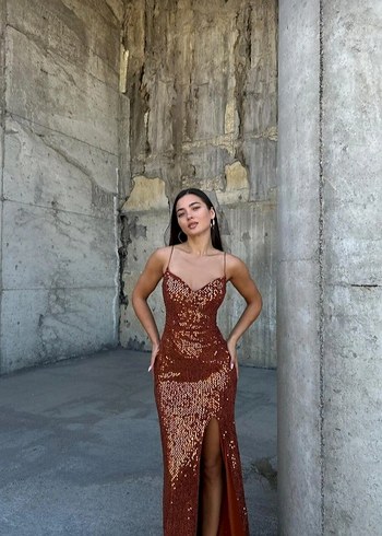 Parlak Kahverengi Yılan Desenli Uzun Abiye Elbise - Görsel 2