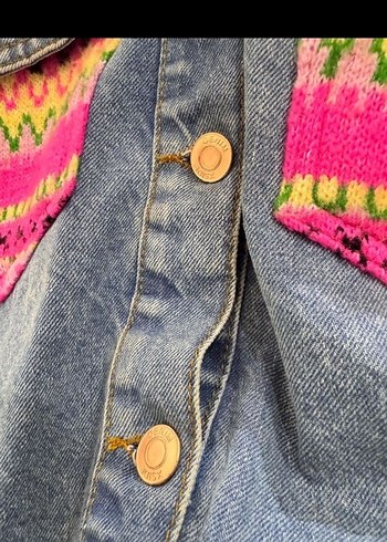 Renkli Örgü Detaylı Kadın Kot Ceket - Görsel 3