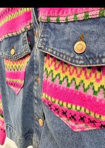 Renkli Örgü Detaylı Kadın Kot Ceket - Görsel 4