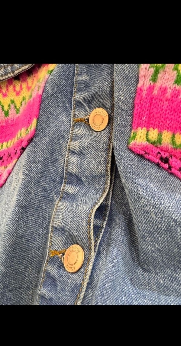 Renkli Örgü Detaylı Kadın Kot Ceket - Görsel 3