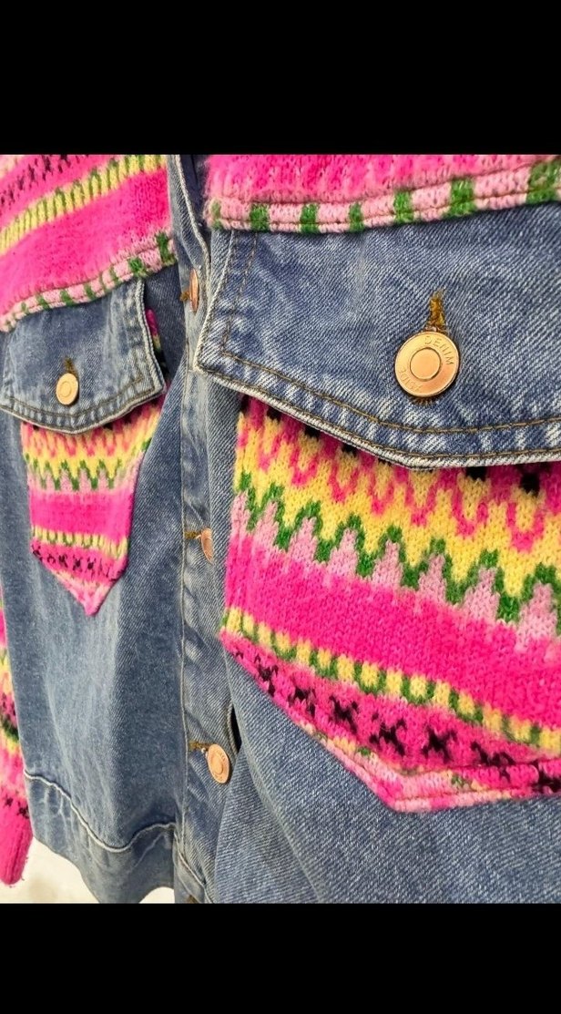 Renkli Örgü Detaylı Kadın Kot Ceket - Görsel 4