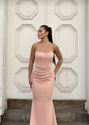 Pudra Renk Drapeli Uzun Abiye Elbise - Görsel 2