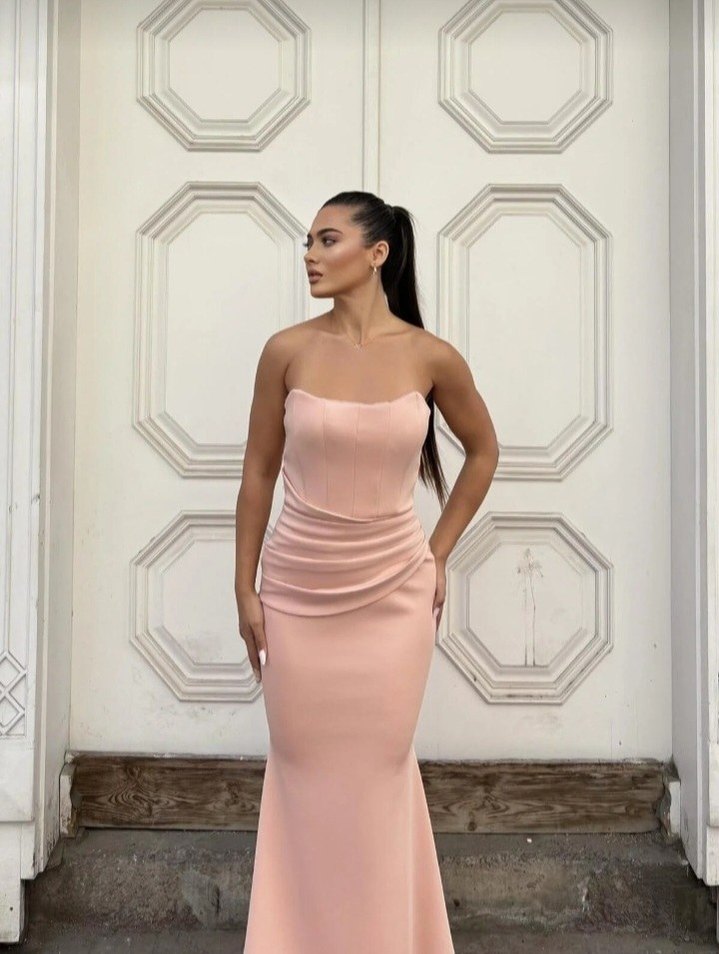 Pudra Renk Drapeli Uzun Abiye Elbise - Görsel 2