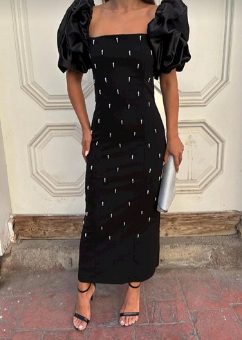 Siyah Uzun Kollu İşlemeli Abiye Elbise - Görsel 2