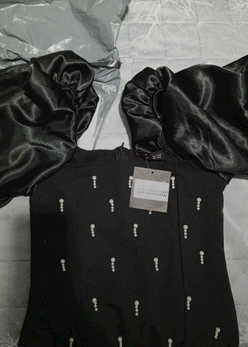 Siyah Uzun Kollu İşlemeli Abiye Elbise - Görsel 4