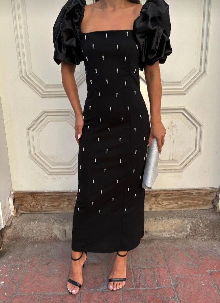 Siyah Uzun Kollu İşlemeli Abiye Elbise - Görsel 2