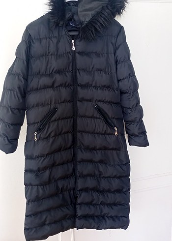 Siyah Uzun Kadın Kışlık Mont Kürklü Kapüşon - Görsel 2