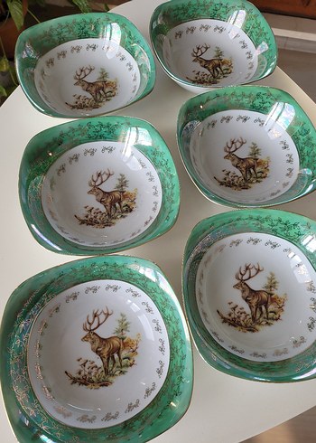 Çekoslovak yeşil Nakışlı Geyik Desenli Kase Seti - Görsel 3