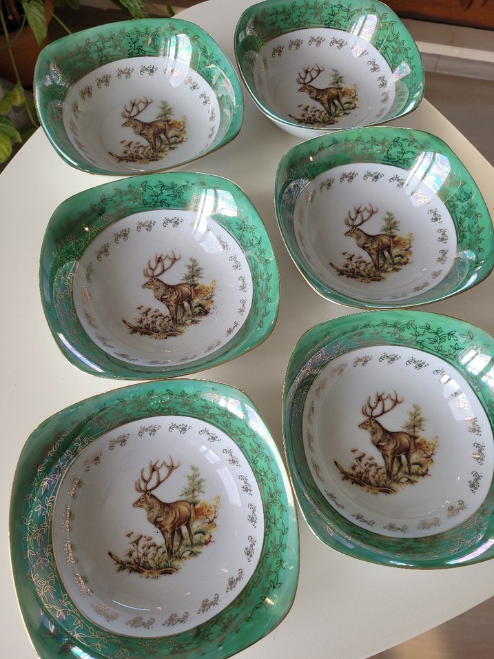 Çekoslovak yeşil Nakışlı Geyik Desenli Kase Seti - Görsel 3