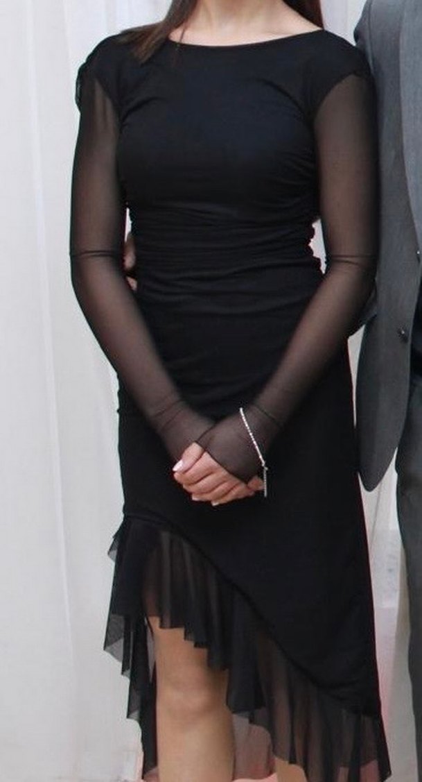 Siyah Tül midi Elbise, Dar Kesim, Pileli - Görsel 2