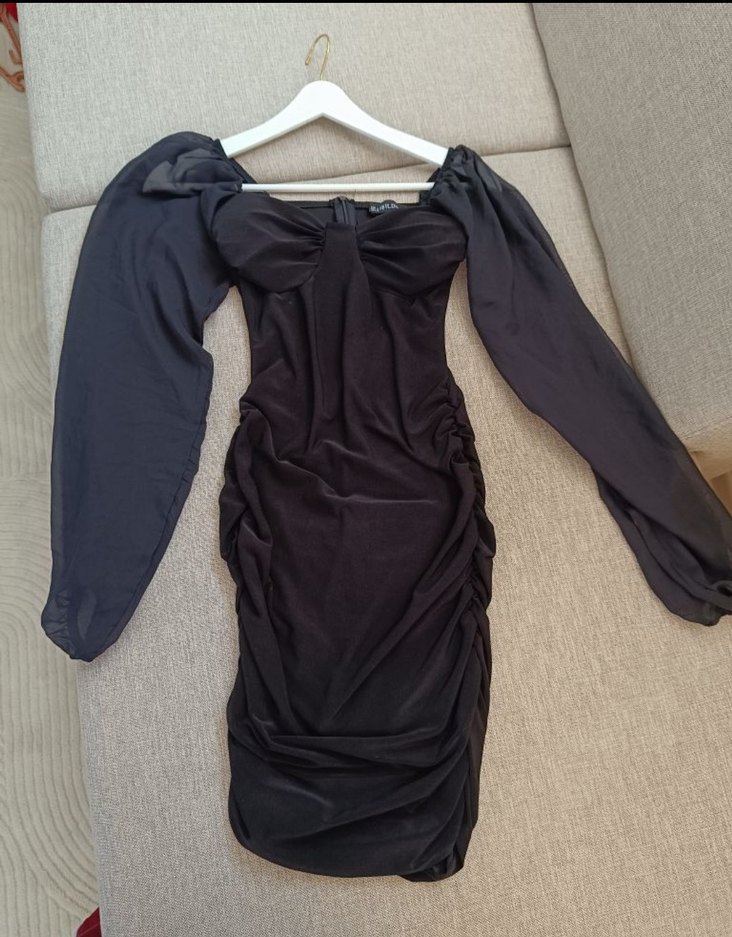 Drapeli Siyah Straplez Mini Elbise - Görsel 2