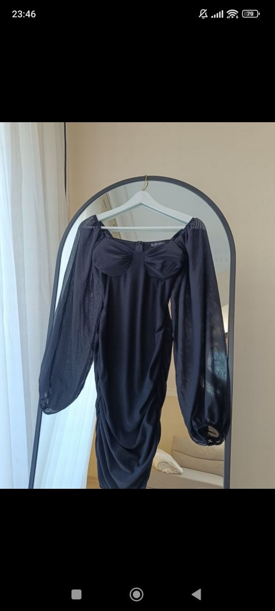 Drapeli Siyah Straplez Mini Elbise - Görsel 3