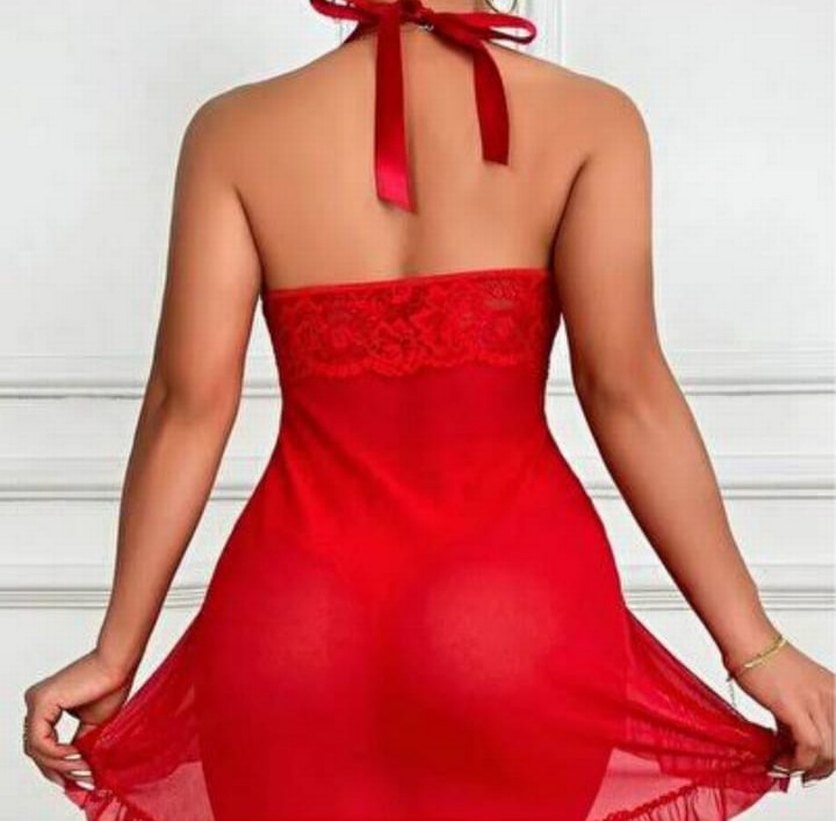 Kırmızı Parlak Askılı Midi Gecelik - Görsel 2