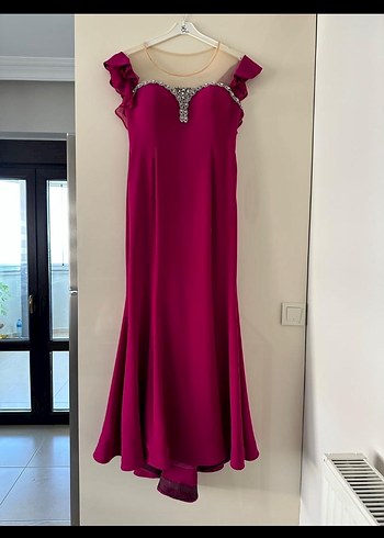 Diğer Bordo Uzun Abiye Elbise Fırfırlı Straplez