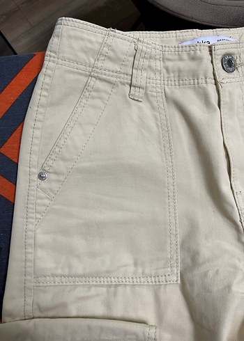 Bershka Bej Pamuklu Rahat Kesim Kadın Kargo Pantolon - Görsel 5